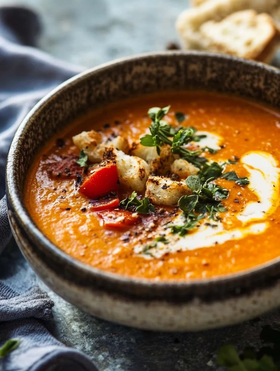 Sommerliche Tomatensuppe mit gerösteten Tomaten und frischen Kräutern