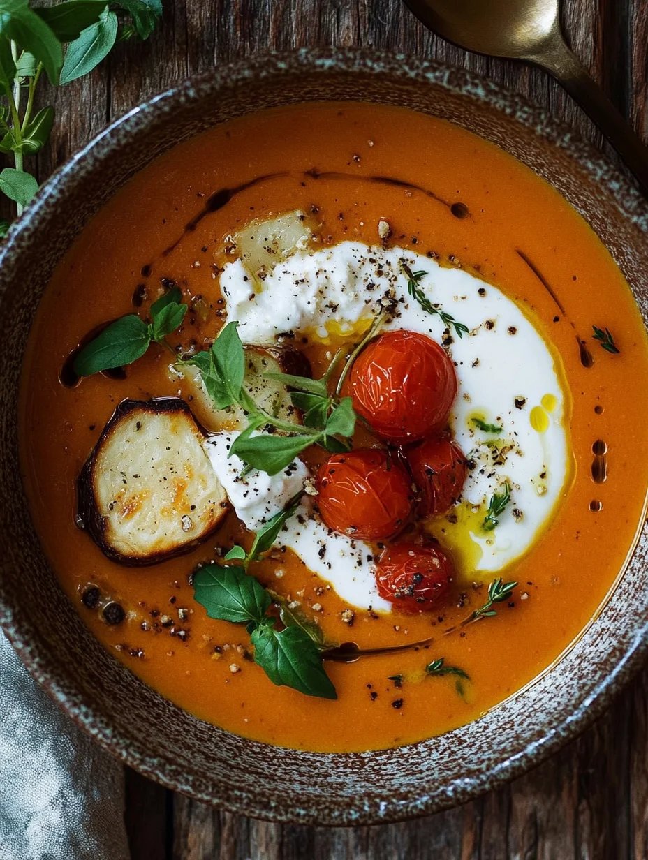 Ofengeröstete Tomatensuppe mit Burrata und Knoblauchbrot